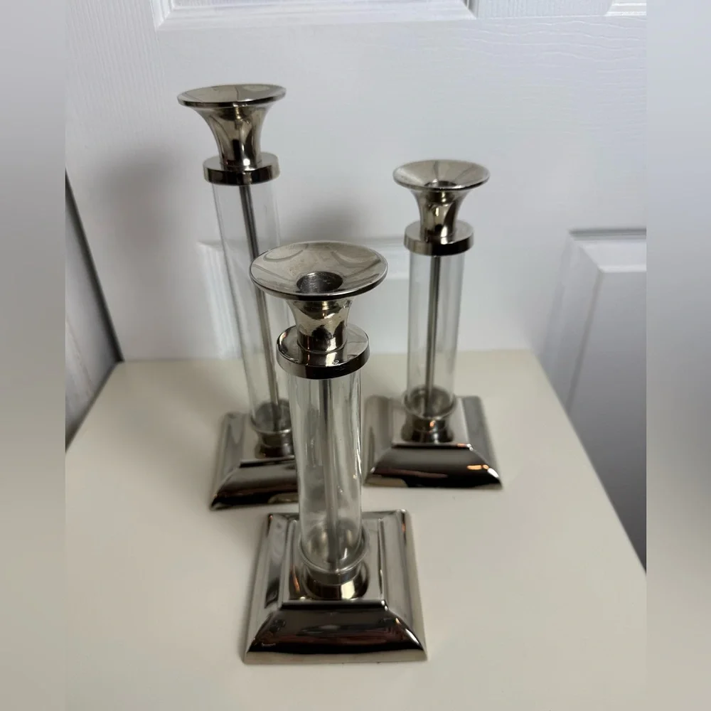 Pottery Barn Amelia Glass & Chrome Candlestick Holder Set of 3 Candle Holders